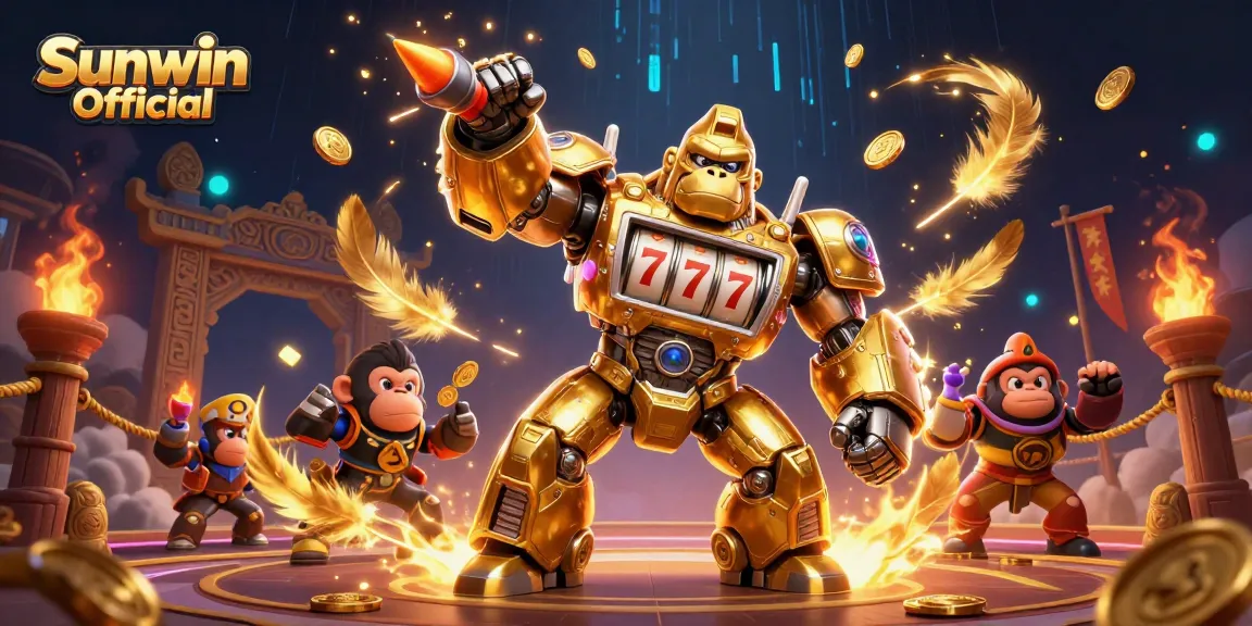Engage with Sunwin Official in a thrilling 3D gaming spectacle featuring a golden gorilla mech and explosive action.