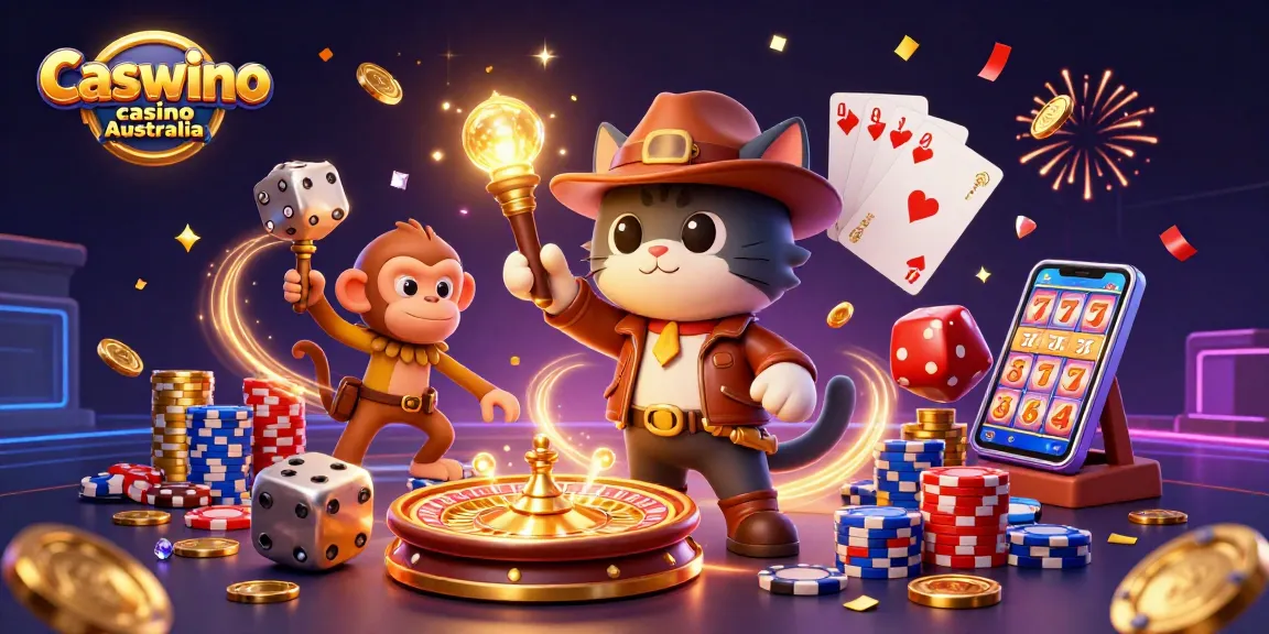 Cascade golden coins and sparkling gems celebrate the thrilling Caswino casino Australia adventure.