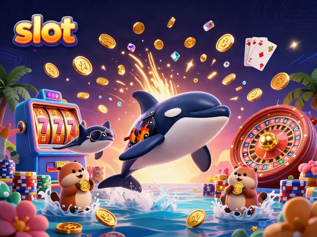 Slot bertema kasino dengan paus orca, stingray, dan berang-berang uang di lautan