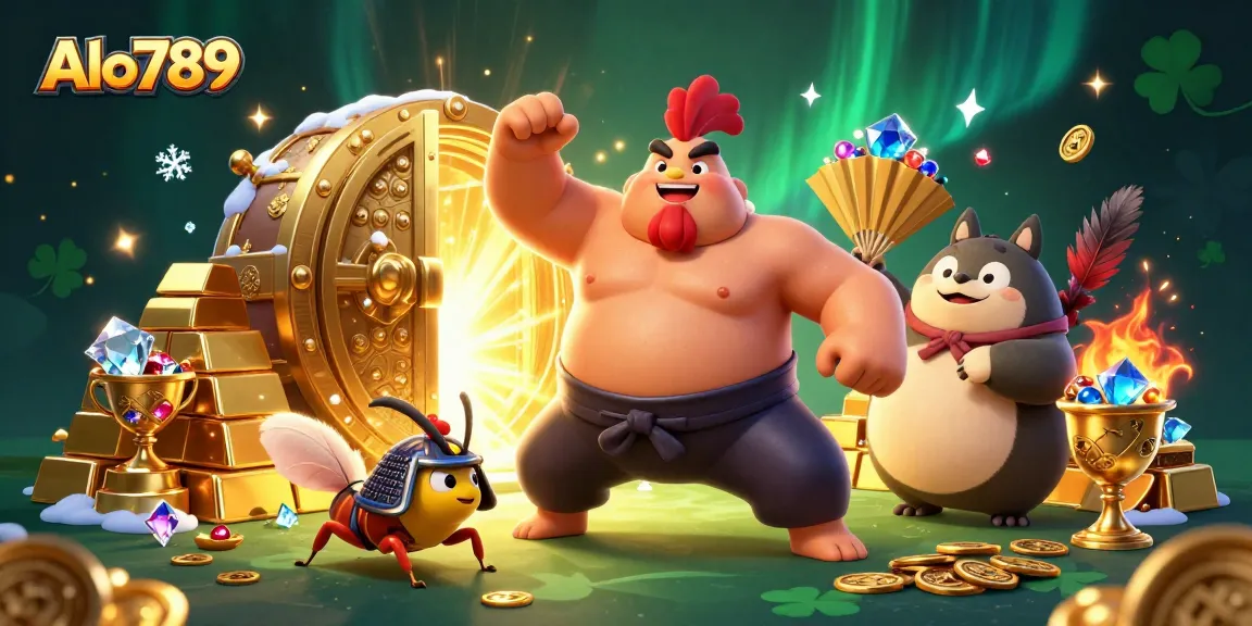 Alo789 players engaging in epic cockfighting battles amidst gold treasure and excitement.
