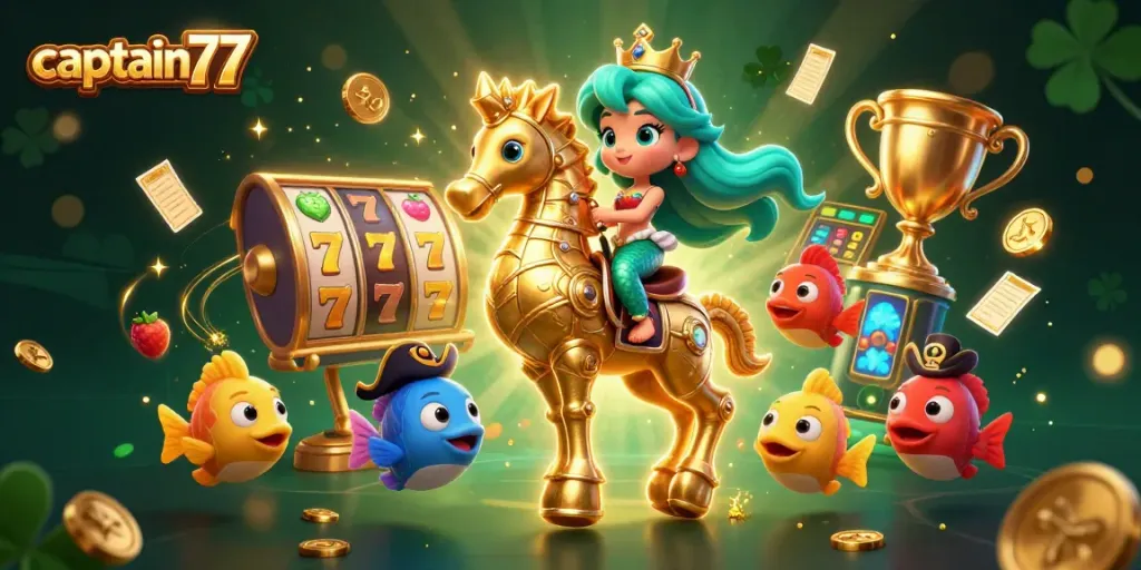 Win big with captain77 in this vibrant casino-themed illustration showcasing slot reels and a mermaid prince.