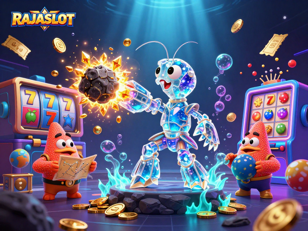 RAJASLOT menghadirkan samurai galaksi dan simbol slot dalam ilustrasi kasino yang meriah.