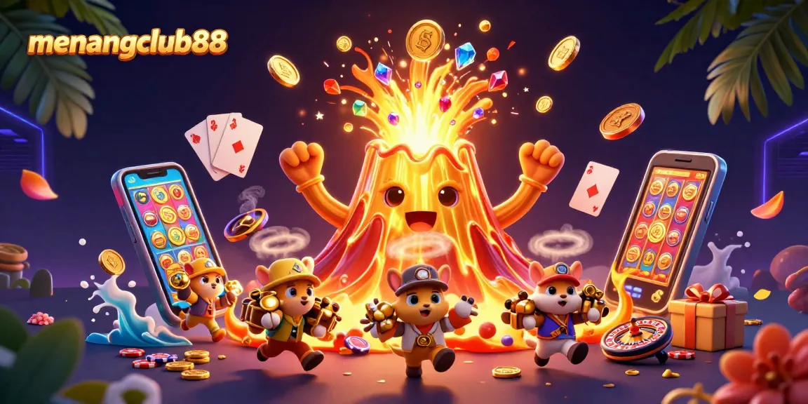 Experience the thrill of menangclub88 as a vibrant golden volcano erupts with coins and treasures in this dynamic casino illustration.