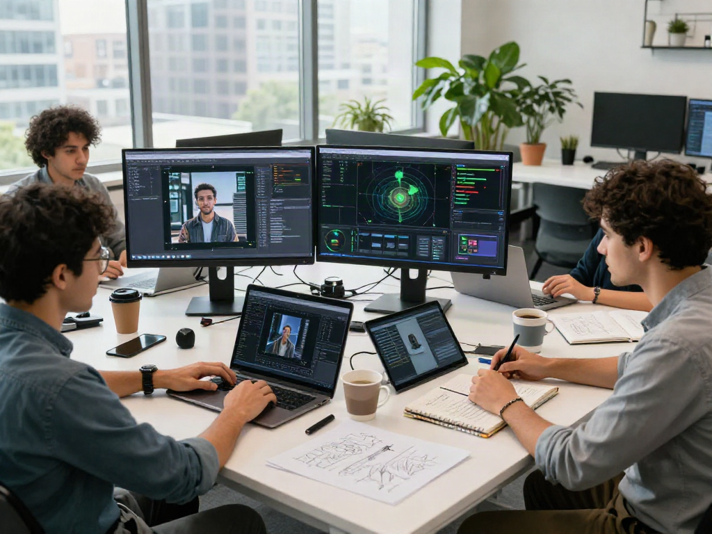 AI Image Detector showcasing collaborative team analyzing images and algorithms in a modern tech workspace.