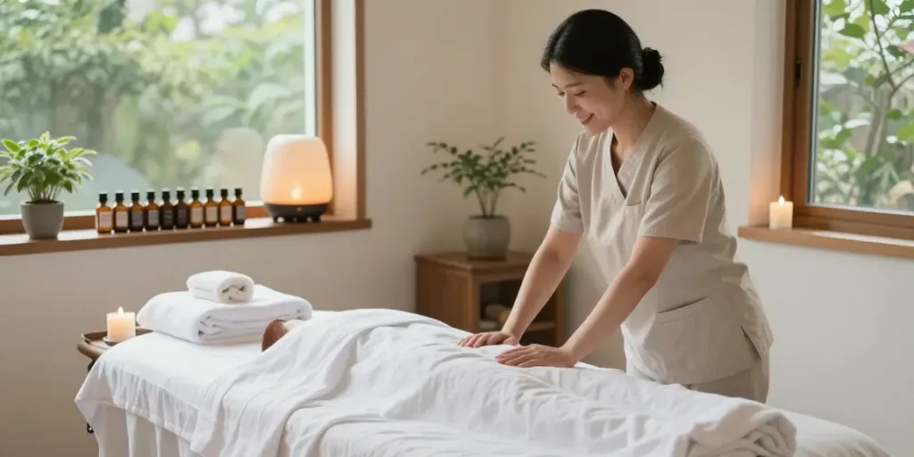 Relaxing massage room for 노원출장마사지, featuring candles, essential oils, and calming ambiance.