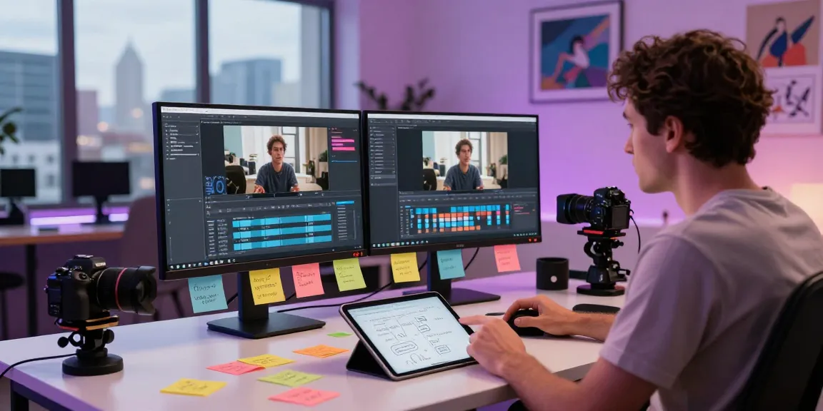 Creator using video to prompt tool in modern workspace with monitors and camera equipment.