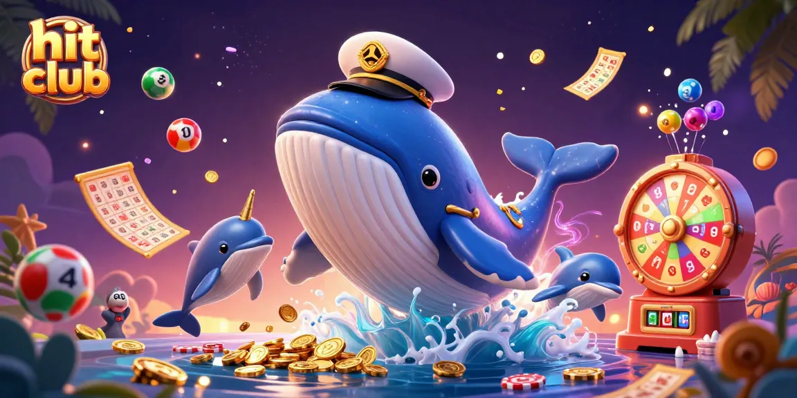 Engage with hit club as a cartoon whale breaches through golden coins with playful dolphins and dynamic elements.