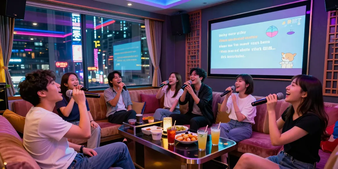 Friends enjoying 강남가라오케 in a lively karaoke room with vibrant lights and drinks.