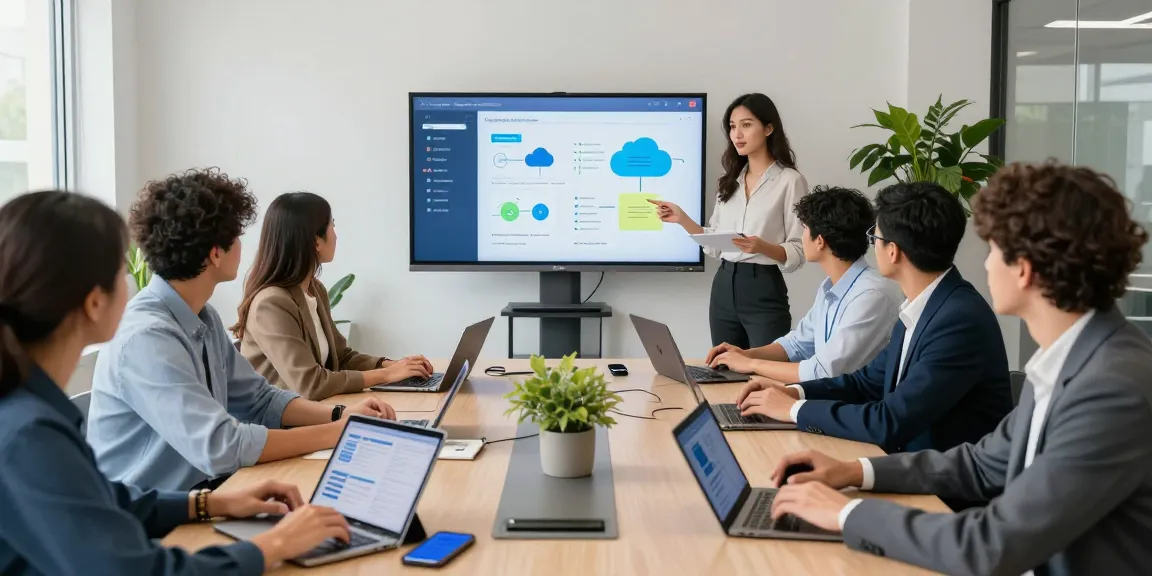 Team collaboration discussing מרכזיות בענן solutions in a modern office.