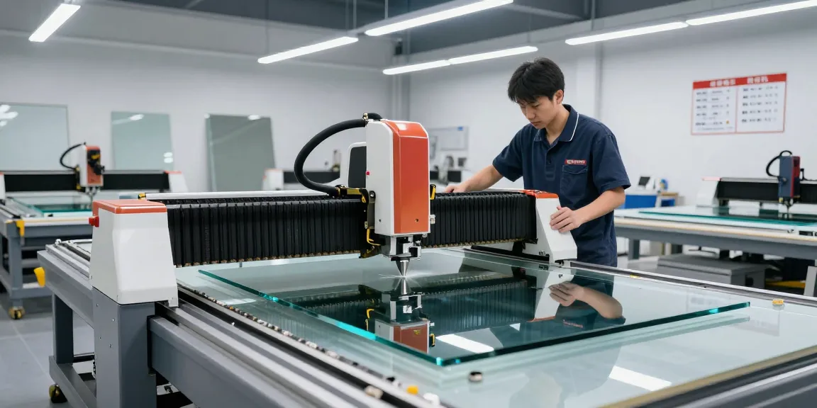 CNC glass cutting machine in action at a modern glass processing facility.