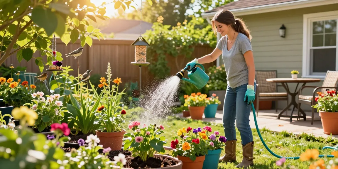 Gardener using the best hose nozzle to water blooming garden plants under bright sun.