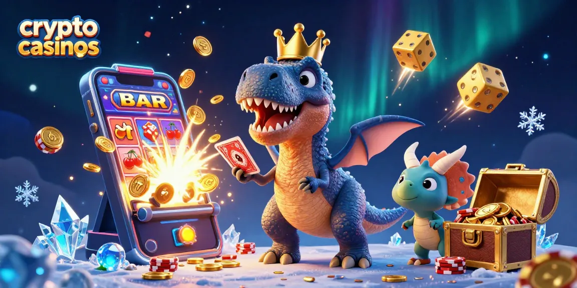 Jouez aux crypto casinos avec un T-Rex ludique et des jeux de casino autour de lui.