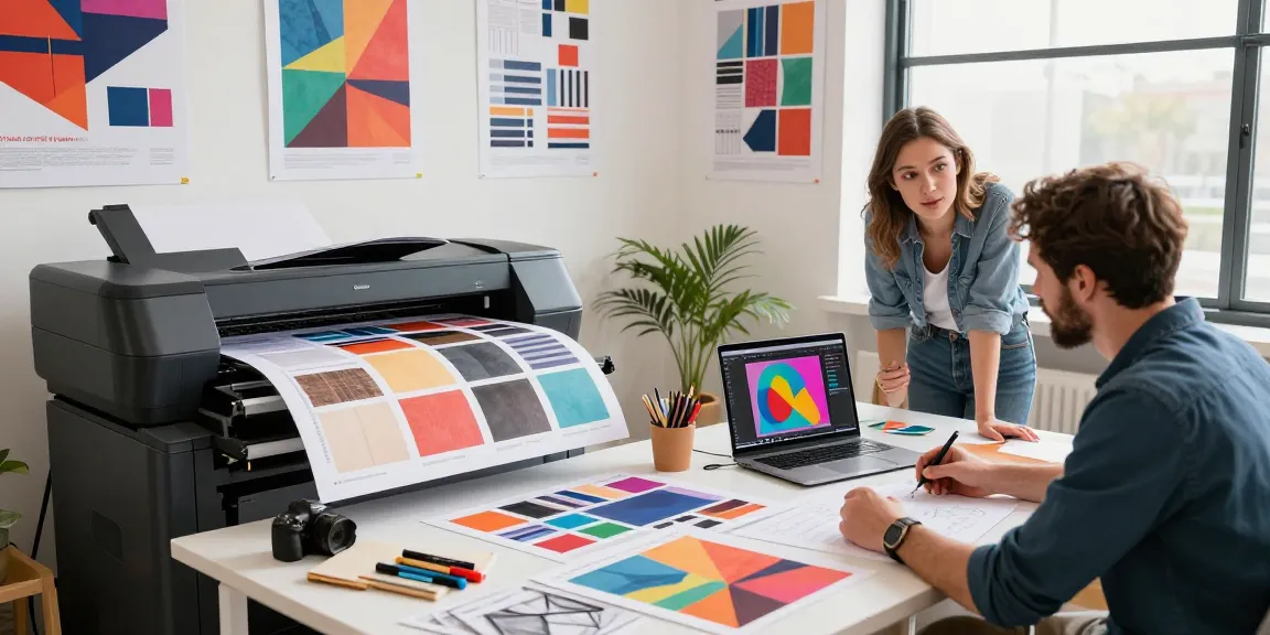 Dynamic custom poster printing workspace showcasing vibrant designs and collaborative creativity.