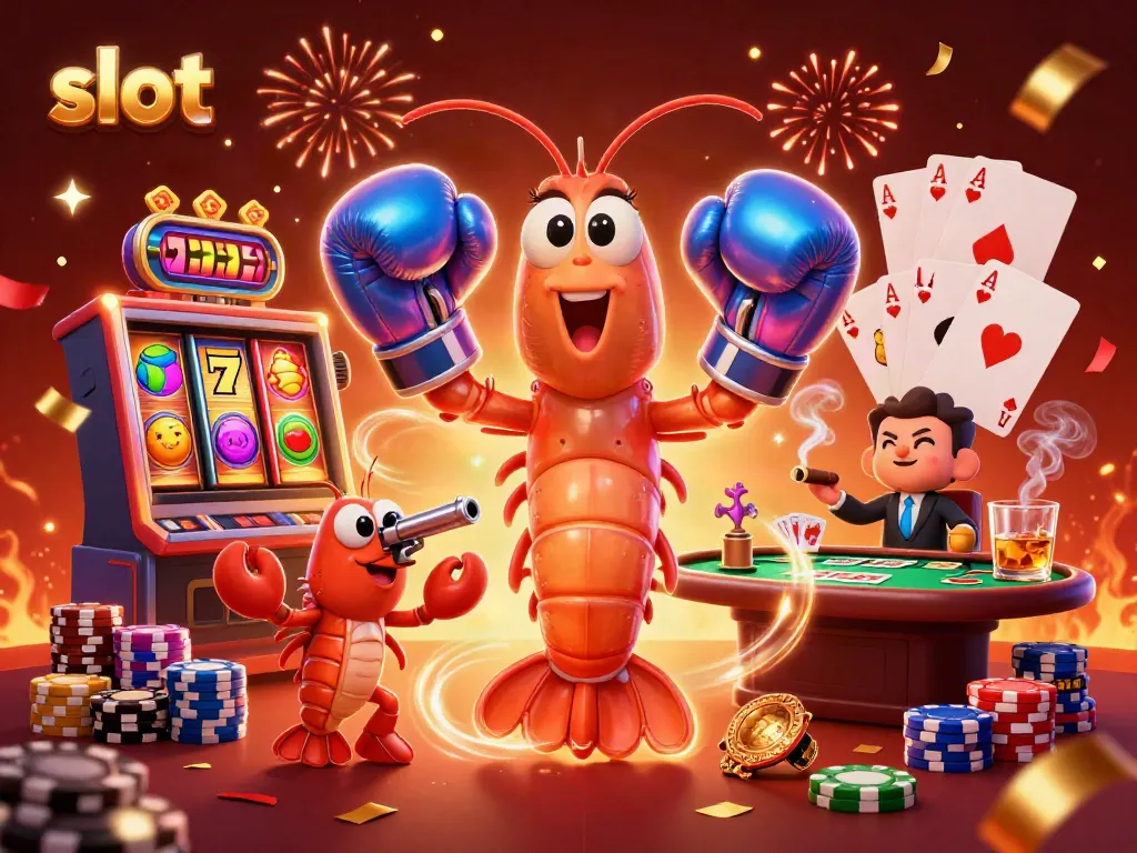 Watch lively characters celebrate big wins around slot machines and poker tables, full of vibrant casino elements.