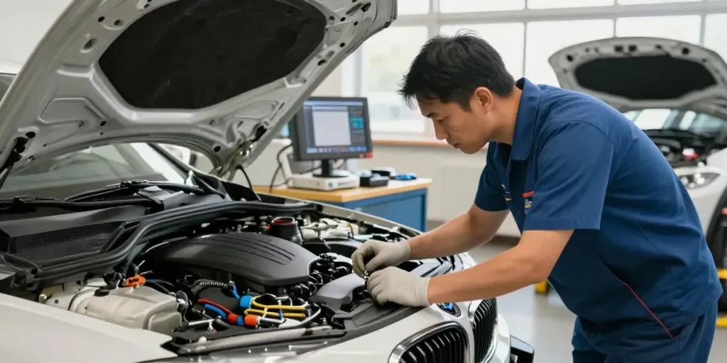 Professionelle BMW Werkstatt in Hannover mit Mechaniker bei der Motorinspektion.