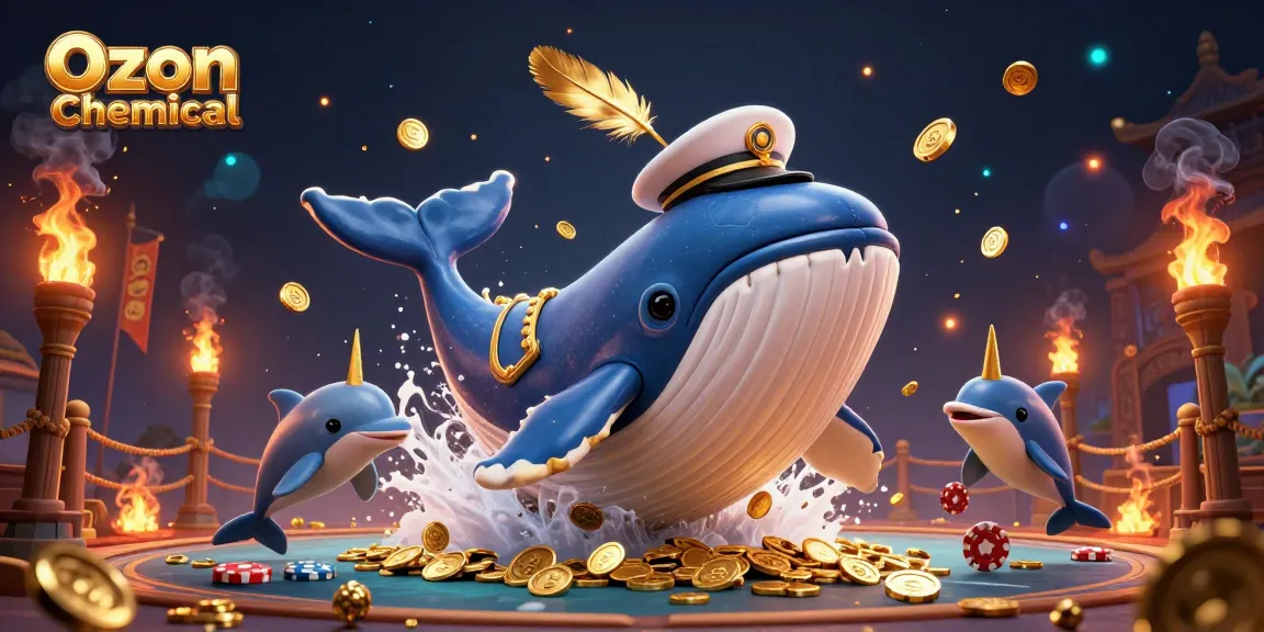 Ozon Chemical showcases a vibrant gambling scene with a whimsical whale and playful dolphins amidst a flurry of poker chips.