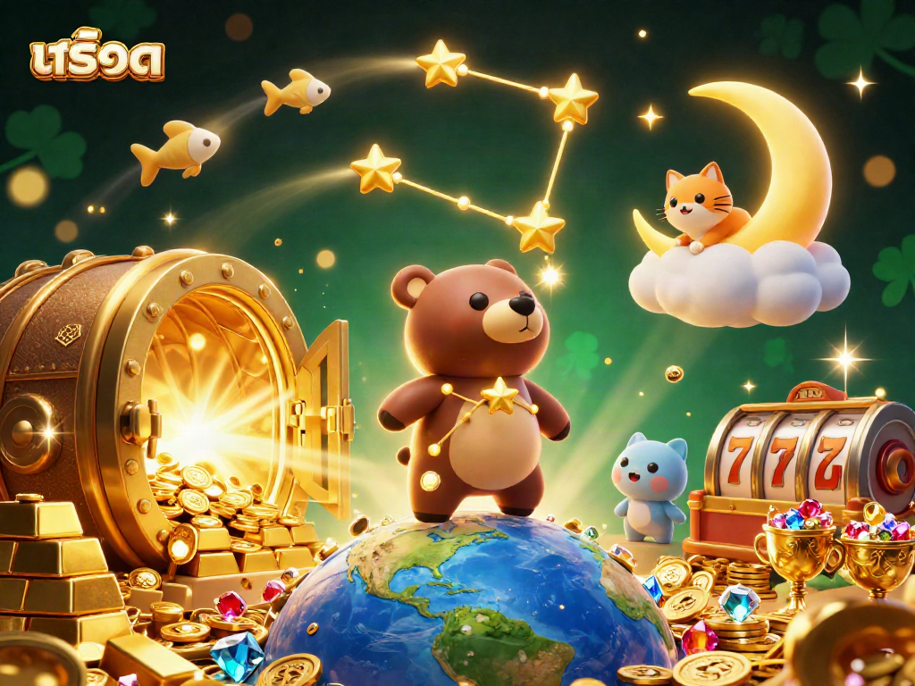 Engage with สล็อต experiences while a constellation bear gathers coins amidst riches and vibrant characters.