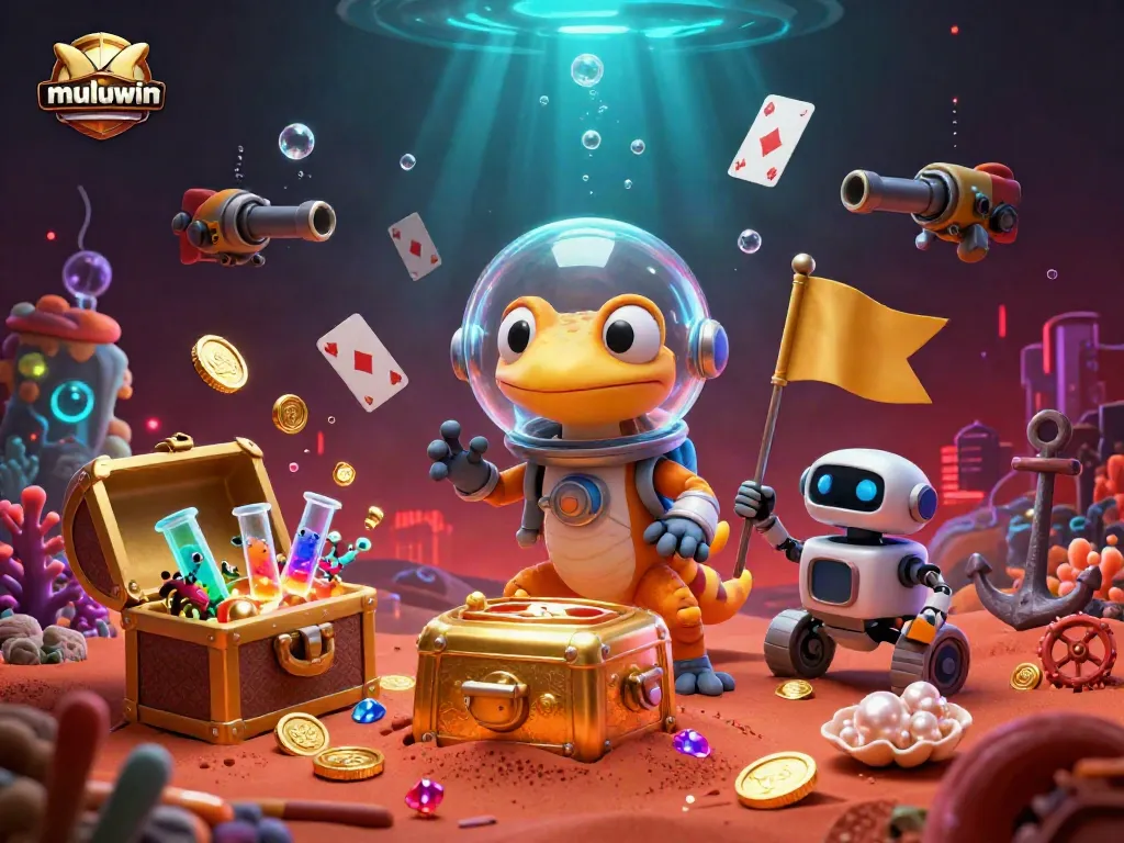 Muluwin exhibits a Martian gecko discovering a golden casino with dazzling effects and colorful game elements.