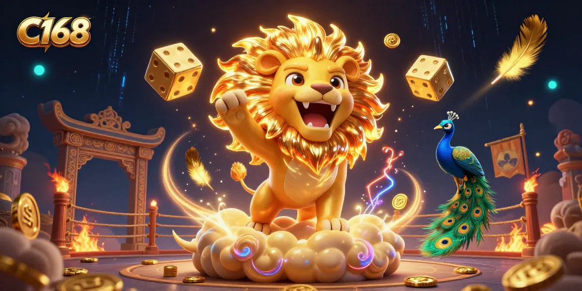 C168 brings excitement with a roaring sun lion and golden dice amidst a vibrant casino scene.
