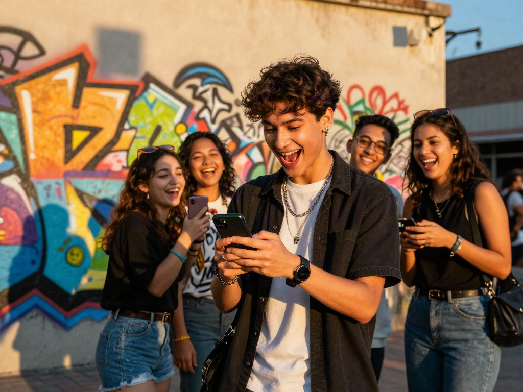 Young person rejoicing with friends in urban setting, looks like a celebrity vibe