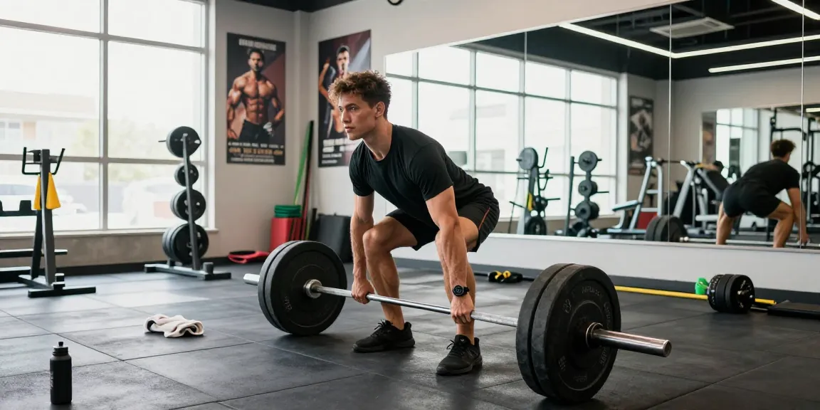 Athletic man lifting weights in a modern gym, showcasing the benefits of shopping at Deus Medical Shop.