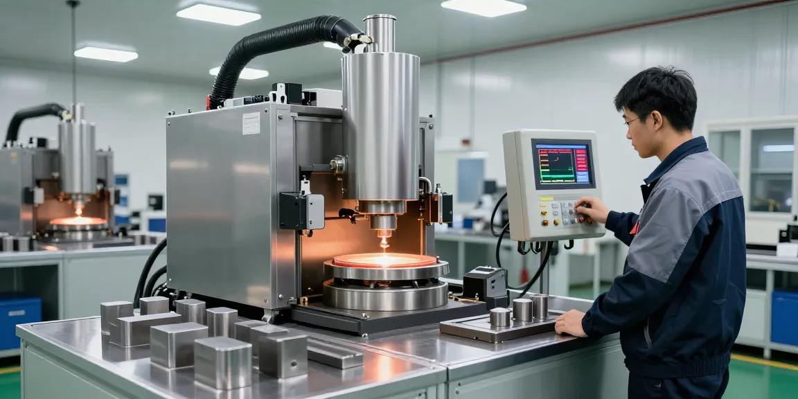 Technician operating an induction furnace for precision metal heating in a modern manufacturing workshop.