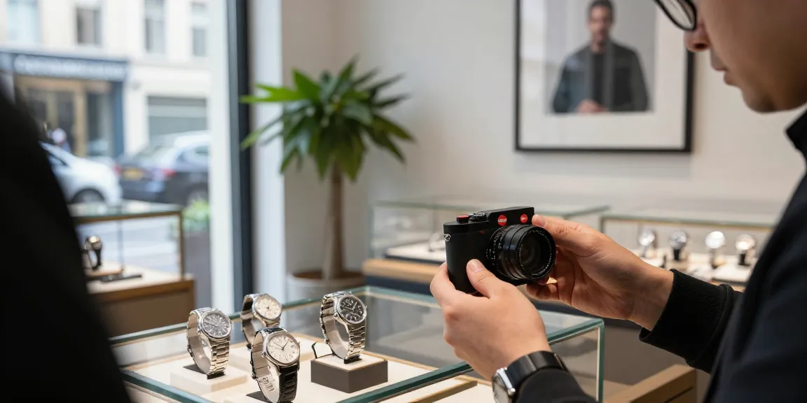 Examining luxurious replica watches in a boutique setting.