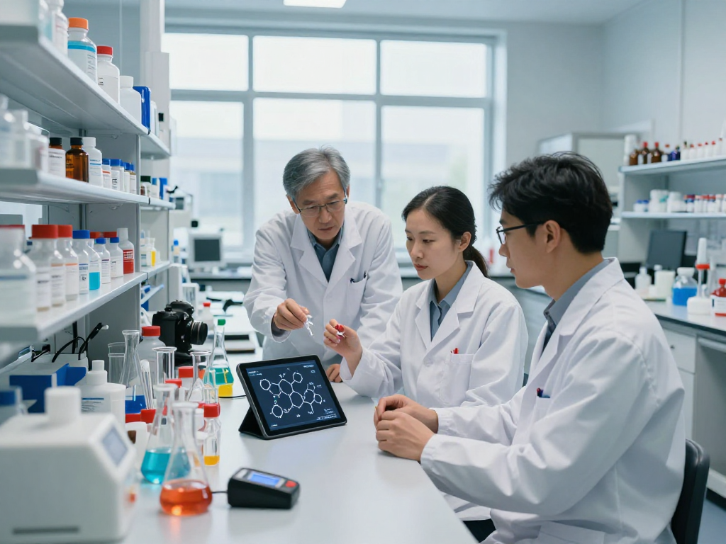 Collaboration in a modern lab at ozonchemical.com, showcasing chemists working with chemical reagents and fine chemicals.
