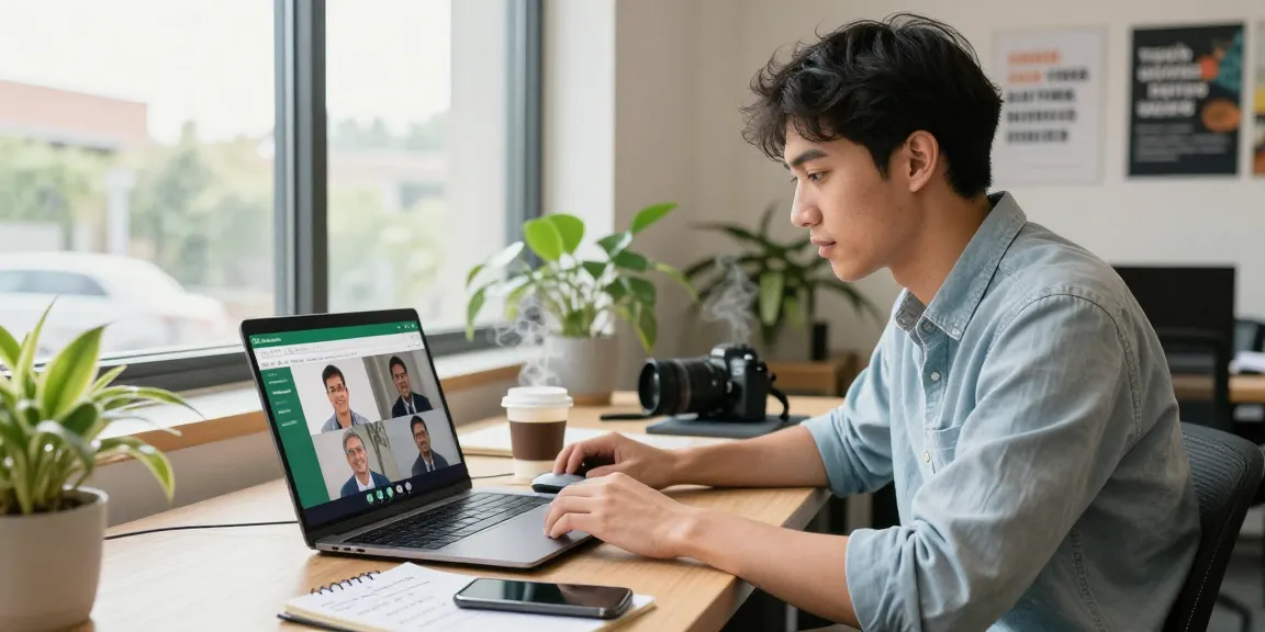 Professional using WhatsApp網頁版 on laptop in a bright co-working space, focused atmosphere.