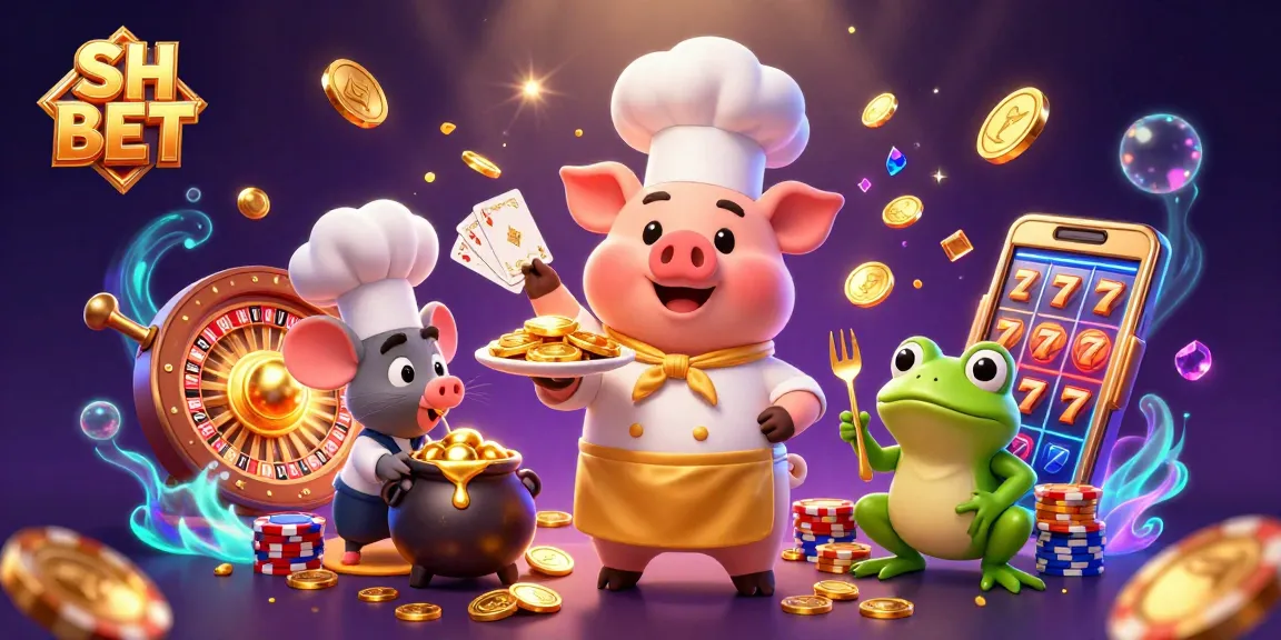 Engage with SH BET as a chef pig serves gold coins, surrounded by vibrant casino elements.