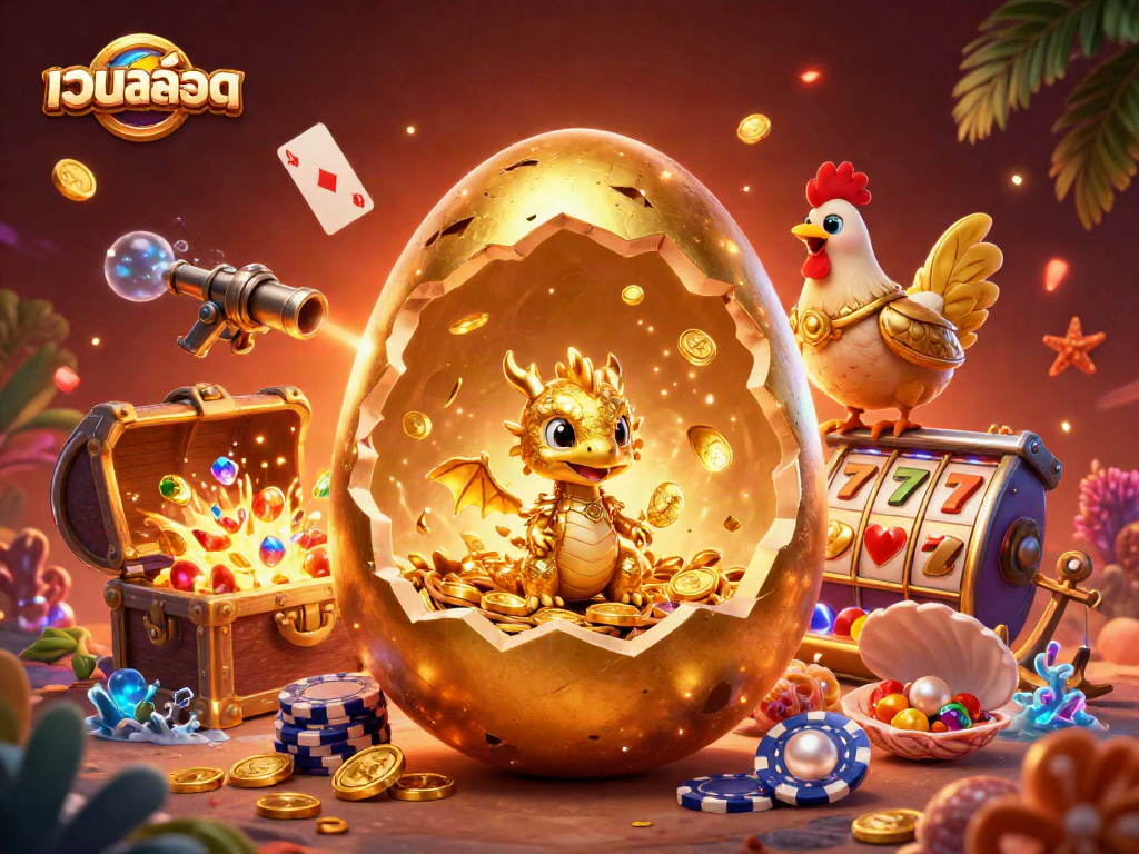 Play เว็บสล็อต with vibrant themes featuring golden dragon, poker chips, and slot reels.
