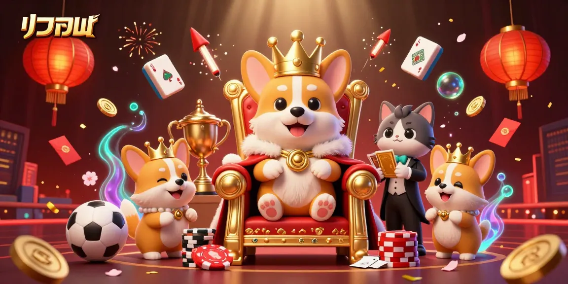 Experience แทงบอล excitement with vibrant corgis and sports elements in a dynamic, festive scene.