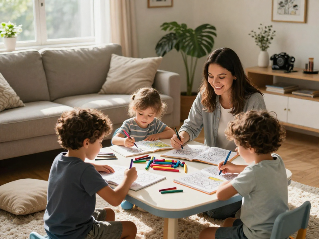 Engaging children enjoy Coloring Books together in a vibrant living room.