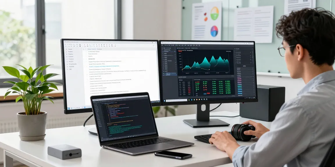 Data scientist using an ai image checker tool on dual monitors in a modern office.