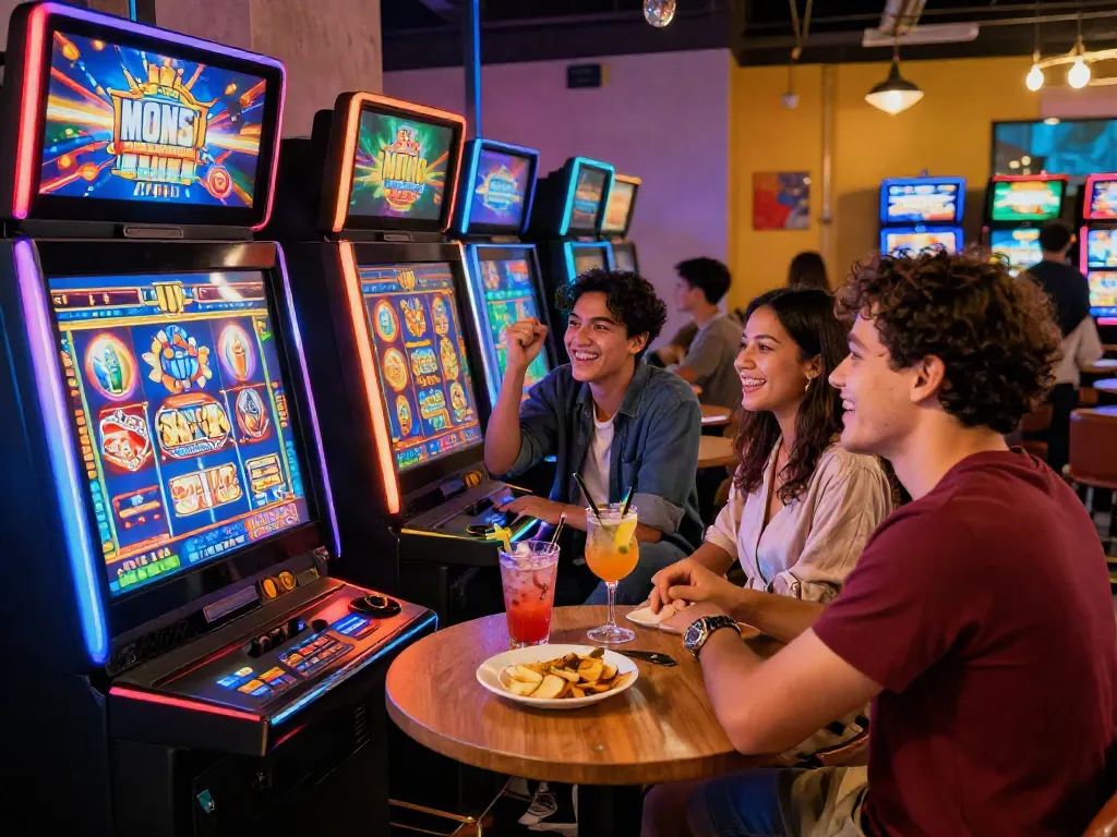 Engaged players enjoying a thrilling slot game experience in a vibrant casino atmosphere.