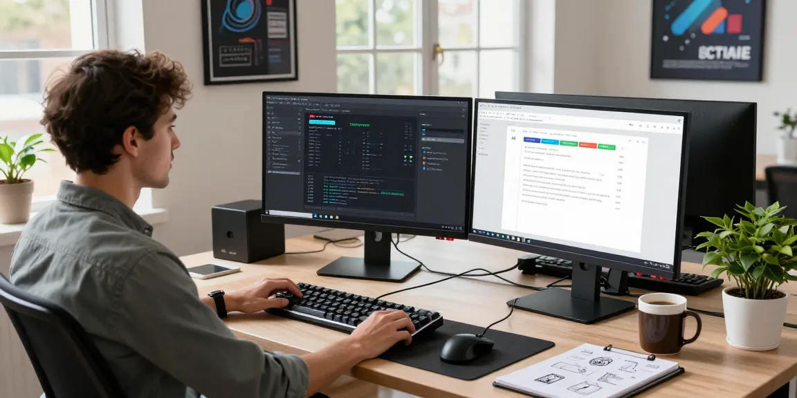 A modern workspace illustrating snipaste官网 features, showcasing a developer using advanced screenshot tools on multiple monitors in a bright, collaborative office.