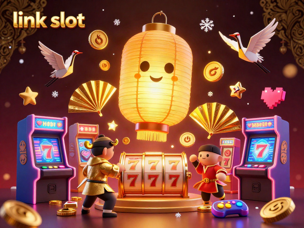 Experience excitement with link slot surrounded by colorful characters and vibrant casino elements.