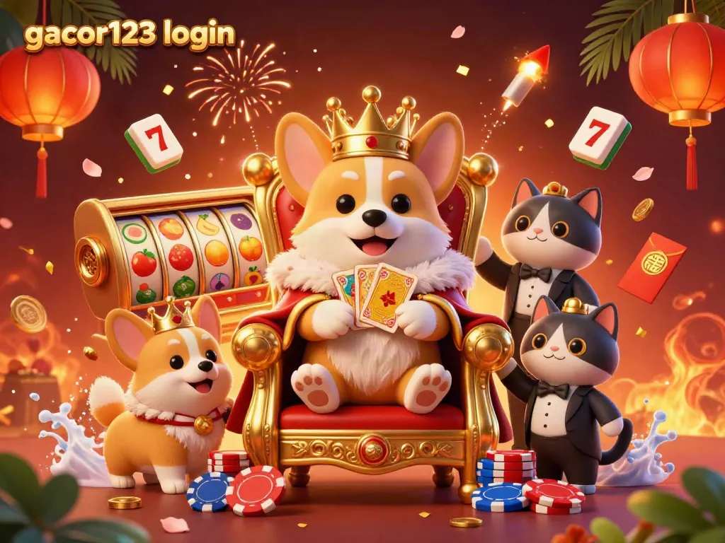 Experience the excitement of gacor123 login with this vibrant casino-themed illustration featuring a royal corgi.