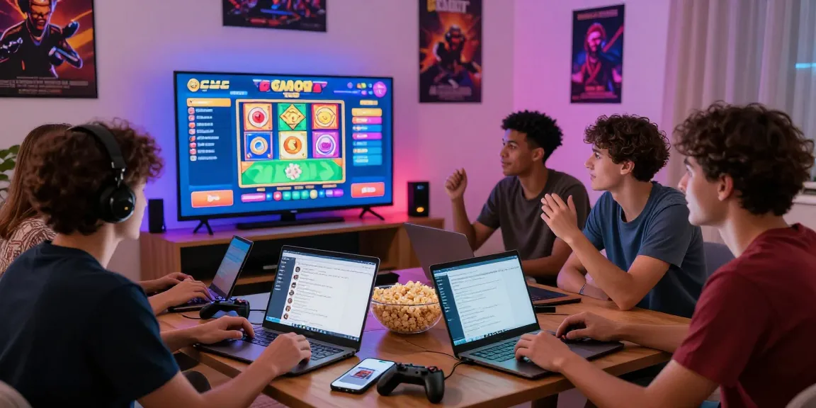 Friends enjoying a situs slot gacor gaming night with colorful visuals and snacks, reflecting excitement.