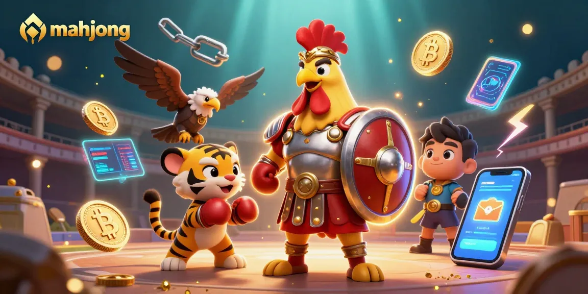 Action-packed mahjong scene showcasing a rooster in armor amidst casino elements.