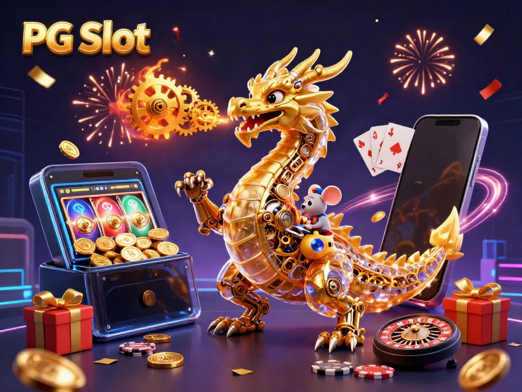 Experience the excitement of PG Slot with a golden dragon and engineer in a vibrant casino scene.