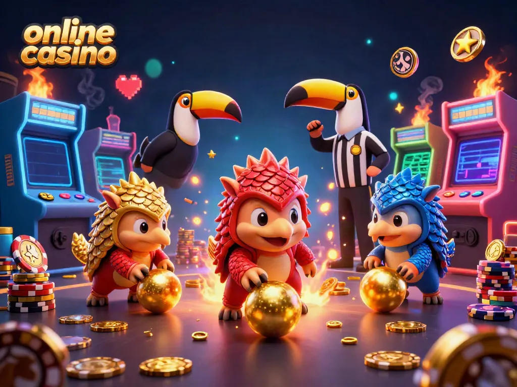 Experience the thrill of online casino gaming through vibrant pangolins and glowing arcade machines.