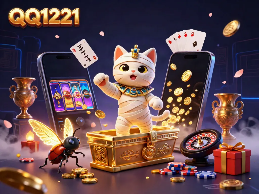 Win big with QQ1221 as the Egyptian mummy cat bursts from its sarcophagus in a vibrant casino scene.
