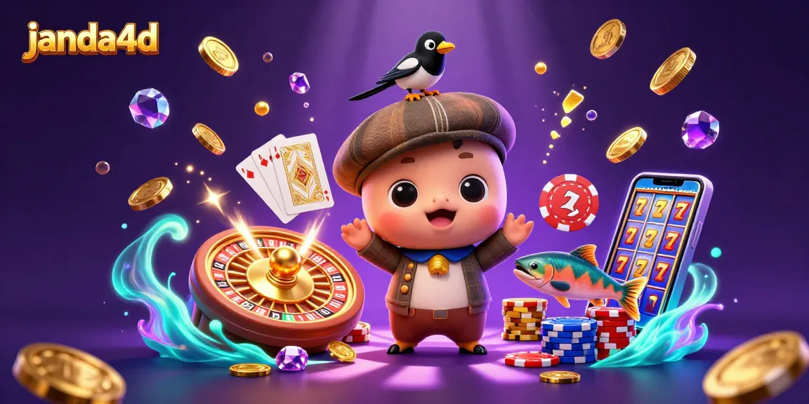 Bermain slot dengan janda4d sambil menikmati suasana ceria, dikelilingi koin emas dan kartu permainan.