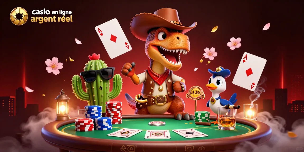 Engaging scene of a cowboy T-Rex and friends enjoying casino en ligne argent réel poker with chips and cards.