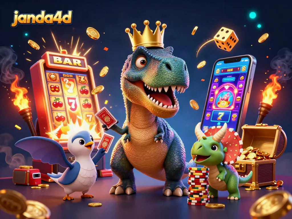 Memenangkan jackpot di janda4d dengan karakter kartun dinosaurus dalam suasana kasino yang meriah.