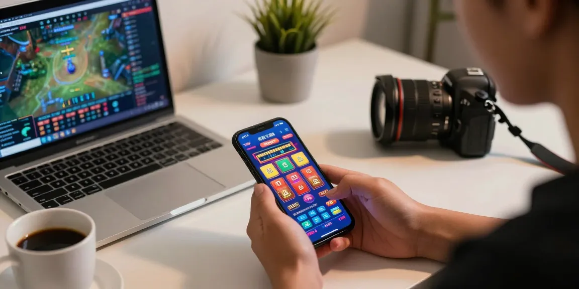 Pengguna terlibat dalam toto togel menggunakan smartphone di meja modern dengan laptop dan kopi.