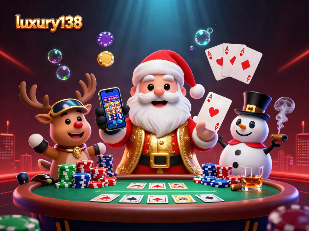 Menghadirkan pengalaman bermain menarik di luxury138 dengan Santa, rusa, dan manusia salju dalam suasana kasino.