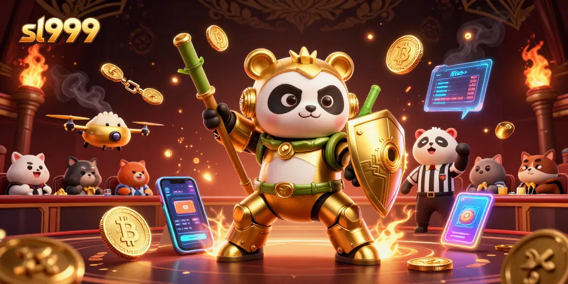 Engage with sl999 in a vibrant casino scene featuring a mech-suit golden panda and crypto elements.