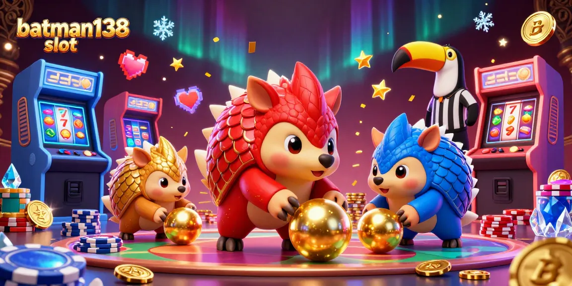 Engage in the batman138 slot with rival pangolins competing amid colorful casino elements.